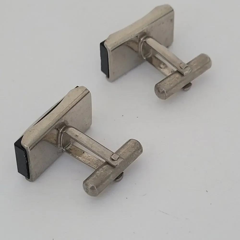VINTAGE 1950'S BLACK ONYX WHITE RHINESTONE CUFFLINKS Rectangle Silver